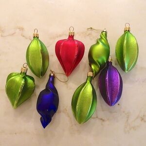 Set of 8 Green Purple & Red Frosty Glass Abstract Artsy Christmas Ornaments